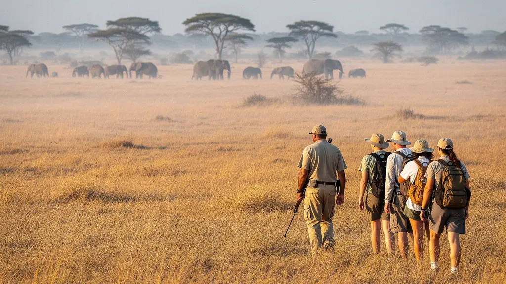 Guide ranger menant un groupe de touristes à pied dans la savane africaine au lever du soleil