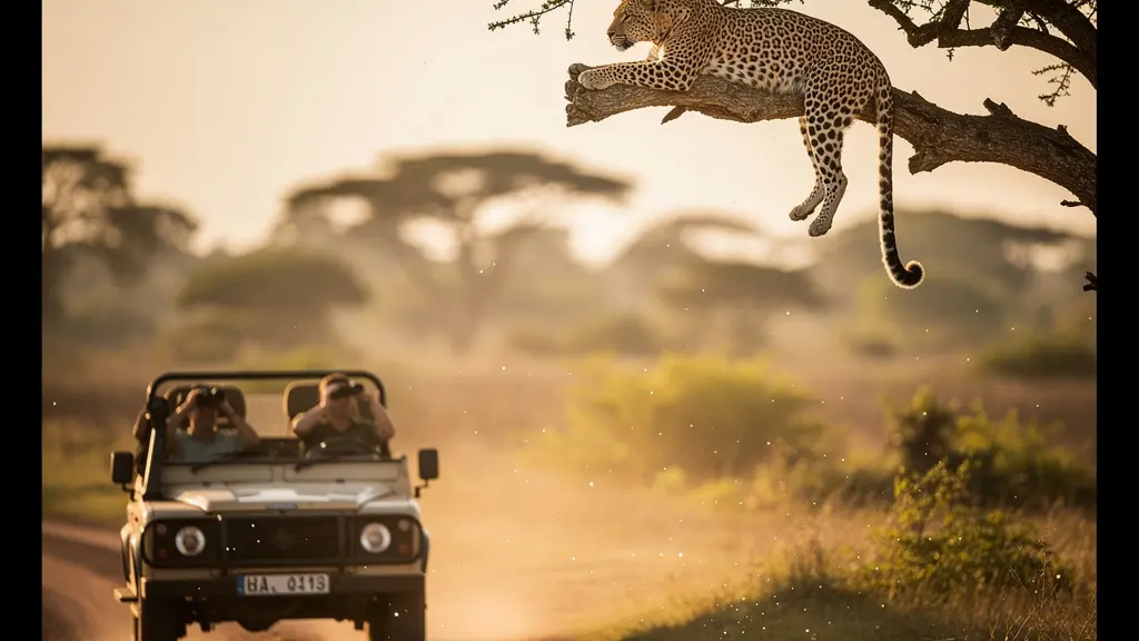 Véhicule 4x4 arrêté observant un léopard dans un arbre au lever du soleil