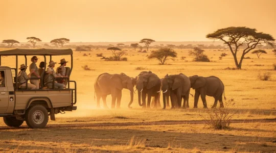 Famille admirant les éléphants depuis un véhicule de safari dans la savane africaine