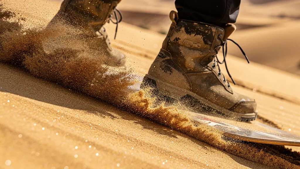 Surfeur des sables descendant une dune géante en pleine action