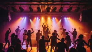 Scène de musique live africaine dans un club underground avec danseurs et musiciens