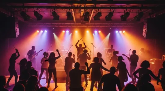 Scène de musique live africaine dans un club underground avec danseurs et musiciens