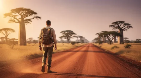 Voyageur marchant seul sur une piste en terre rouge bordée de baobabs en Afrique, symbolisant la sécurité et la sérénité en voyage