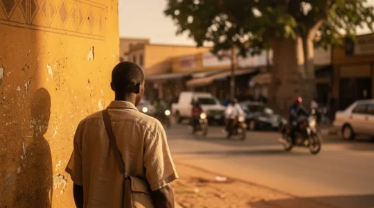 Voyageur marchant prudemment le long d'un mur dans une rue animée d'une capitale africaine au coucher du soleil