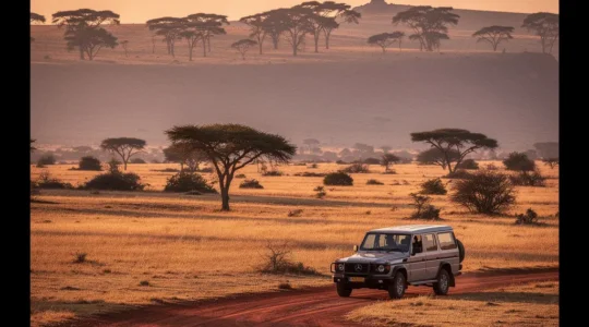 Safari autonome dans une réserve naturelle africaine avec véhicule 4x4 au coucher du soleil