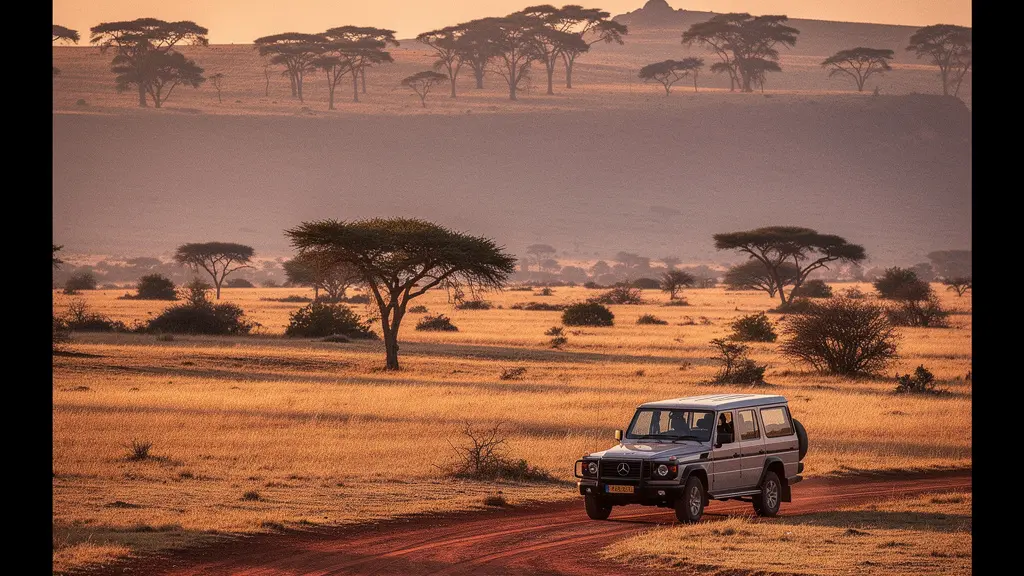 Safari autonome dans une réserve naturelle africaine avec véhicule 4x4 au coucher du soleil