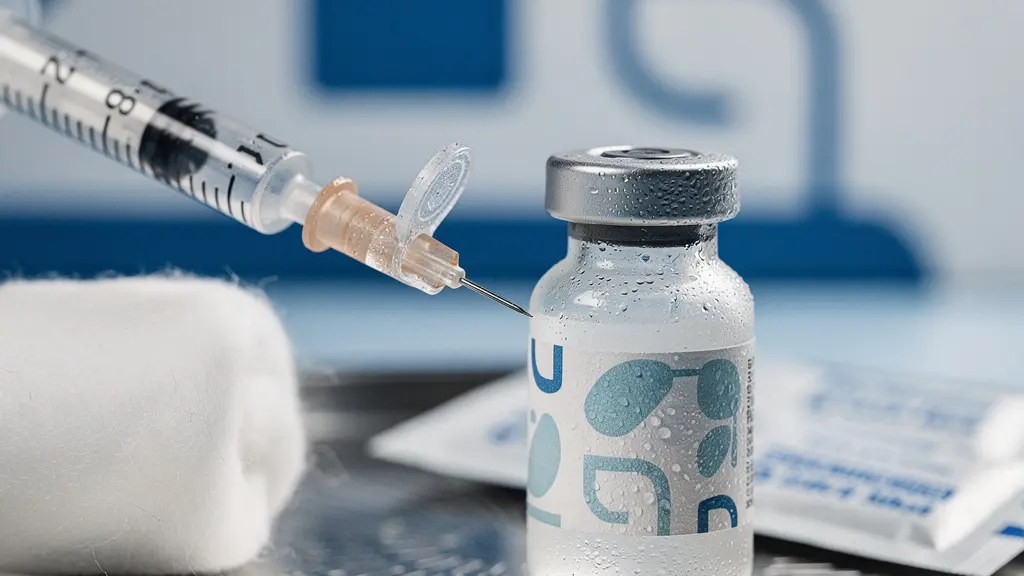 Gros plan macro sur une seringue médicale et un flacon de vaccin posés sur un plateau médical stérile, avec un arrière-plan flou évoquant un centre de vaccination