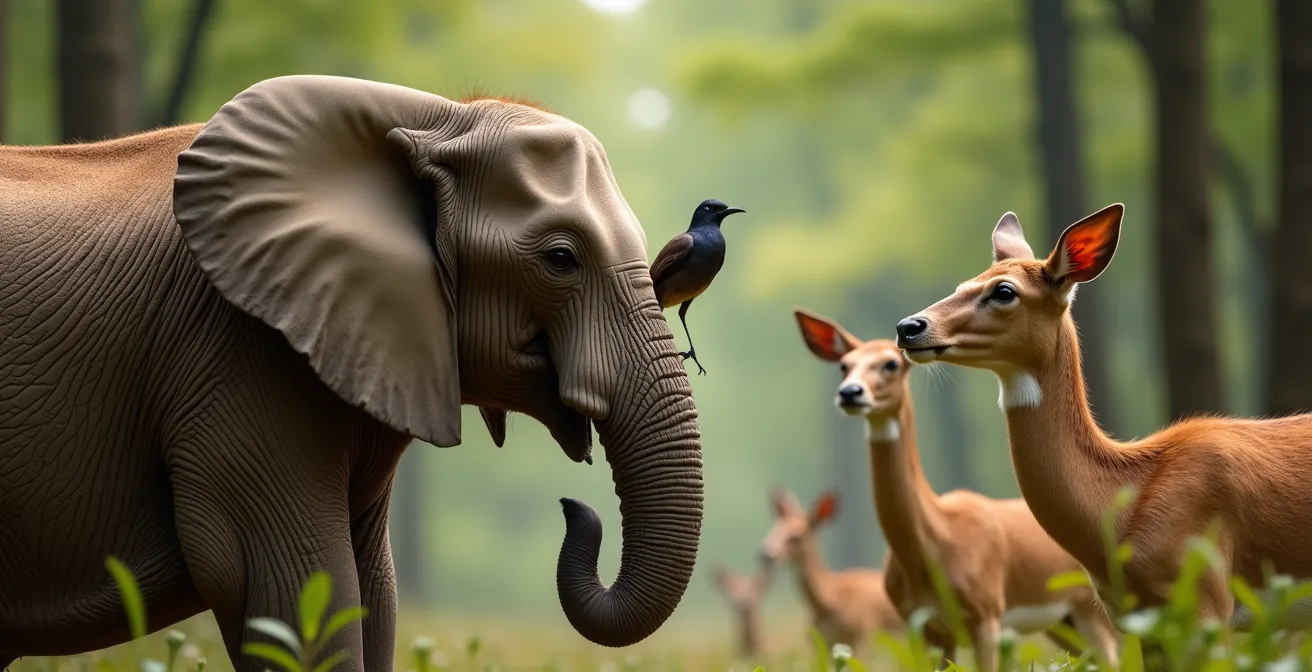 Illustration montrant les signes de stress chez différents animaux sauvages comme un éléphant, un oiseau et un cerf.