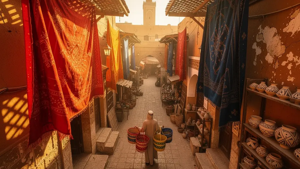 Vue immersive d'un souk de Marrakech avec ses ruelles étroites et ses étalages colorés