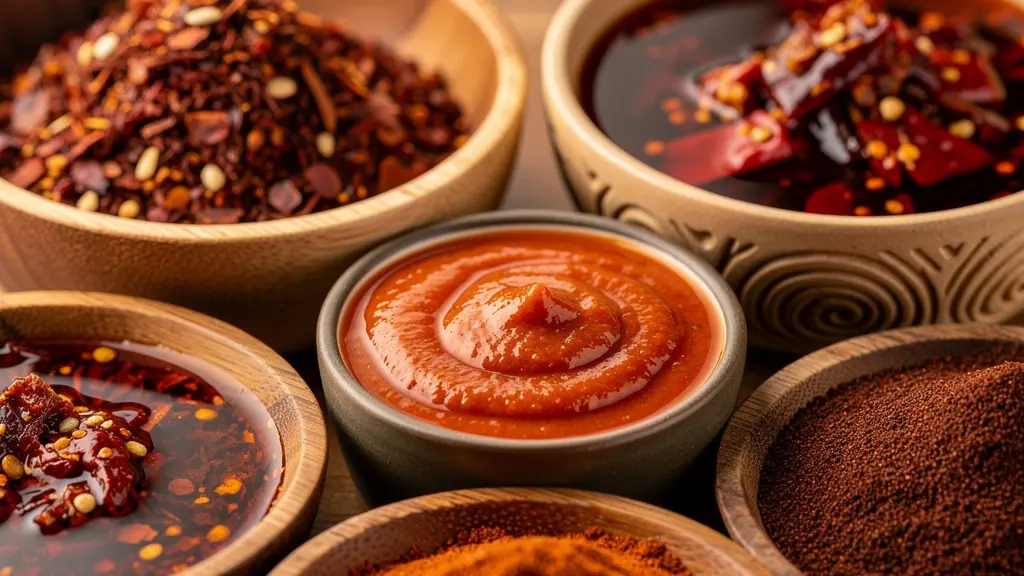 Étal d'épices avec différentes variétés de piments et harissa dans un marché africain