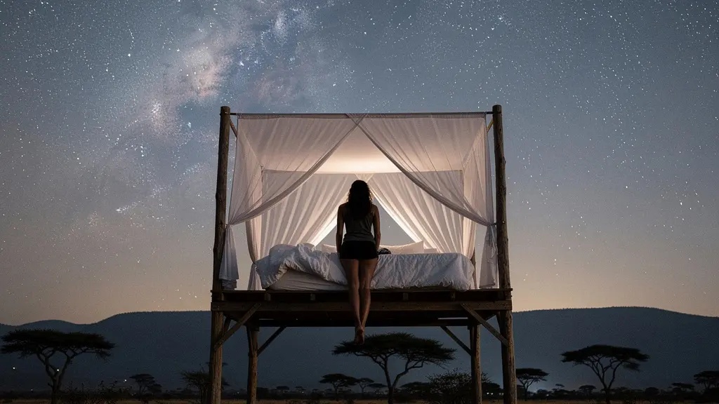 Plateforme surélevée avec lit à baldaquin sous un ciel étoilé dans la savane africaine