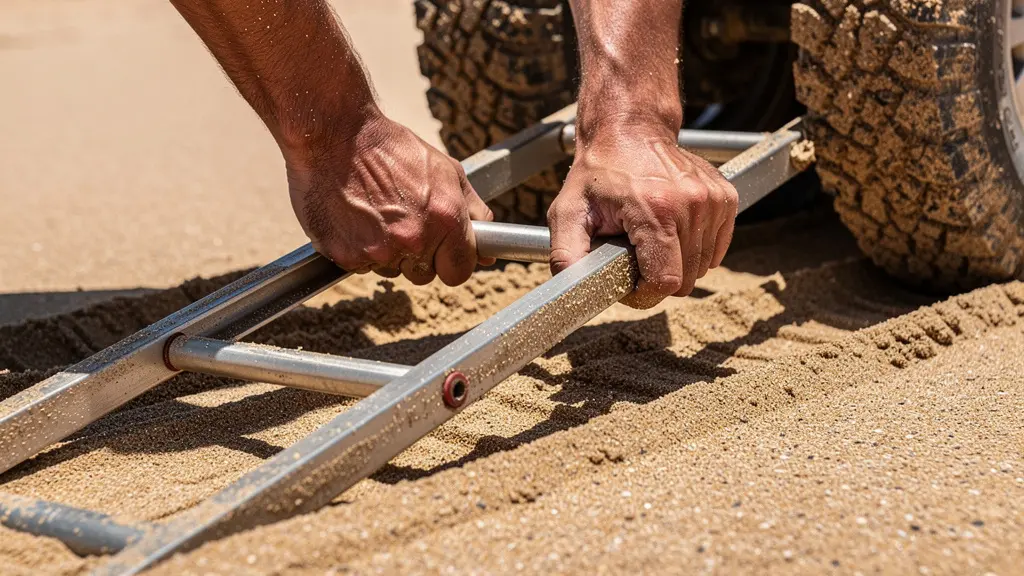 Vue rapprochée des outils de désensablement disposés près d'un 4x4 dans le sable