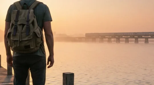 Voyageur au bord de l’eau au lever du jour, face à une petite embarcation traditionnelle et à un paysage de transport lointain, avec un grand ciel vide pour laisser de l’espace.