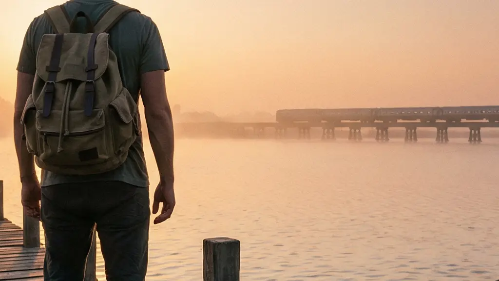 Voyageur au bord de l’eau au lever du jour, face à une petite embarcation traditionnelle et à un paysage de transport lointain, avec un grand ciel vide pour laisser de l’espace.