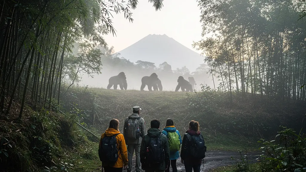 Un petit groupe suit un guide sur un sentier forestier brumeux, en observant une famille de gorilles à distance.