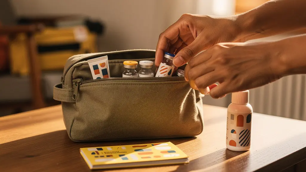 Trousse de pharmacie de voyage avec flacons et carnet de vaccination, symbolisant les préparatifs sanitaires pour l'Afrique.