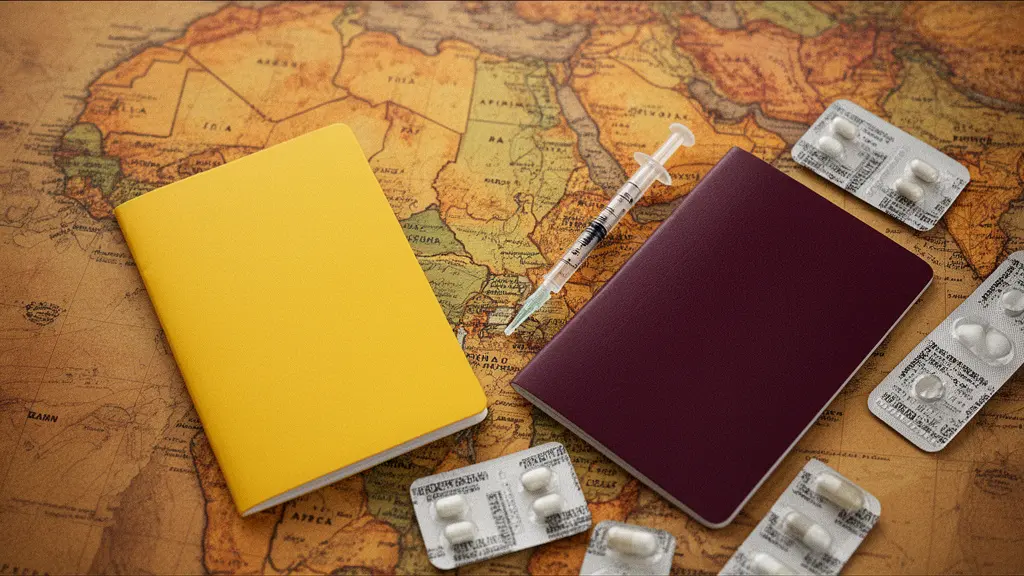 Carnet de vaccination international jaune posé sur une carte de l'Afrique avec un passeport et une seringue en arrière-plan flou