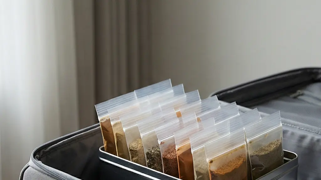 Une valise ouverte avec des épices rangées dans des sachets transparents neutres, protégées dans une boîte métallique sans marque.