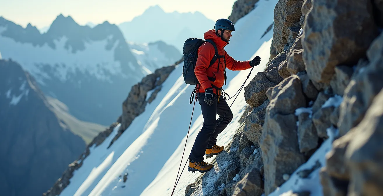 Alpiniste utilisant des crampons sur une section exposée du Mont Kenya avec vue sur les glaciers