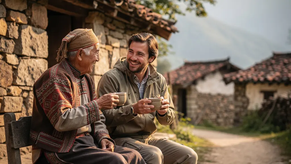 Rencontre authentique entre un voyageur et un habitant d'un village isolé, partageant un moment de convivialité dans un cadre rural préservé