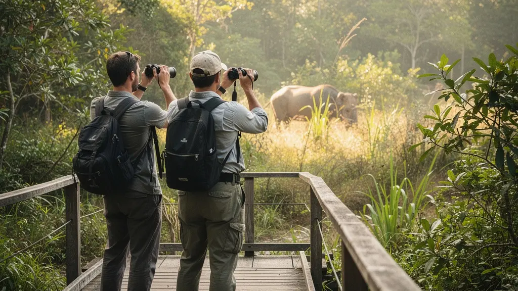Une voyageuse observe des animaux sauvages depuis un sentier en bois, accompagnée d’un guide, en gardant une distance respectueuse dans un paysage naturel lumineux avec un grand espace vide pour le titre.