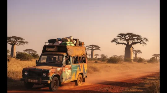 Intérieur coloré d'un taxi-brousse africain bondé traversant une piste de terre ocre bordée de baobabs au soleil couchant