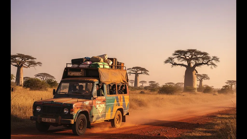 Intérieur coloré d'un taxi-brousse africain bondé traversant une piste de terre ocre bordée de baobabs au soleil couchant