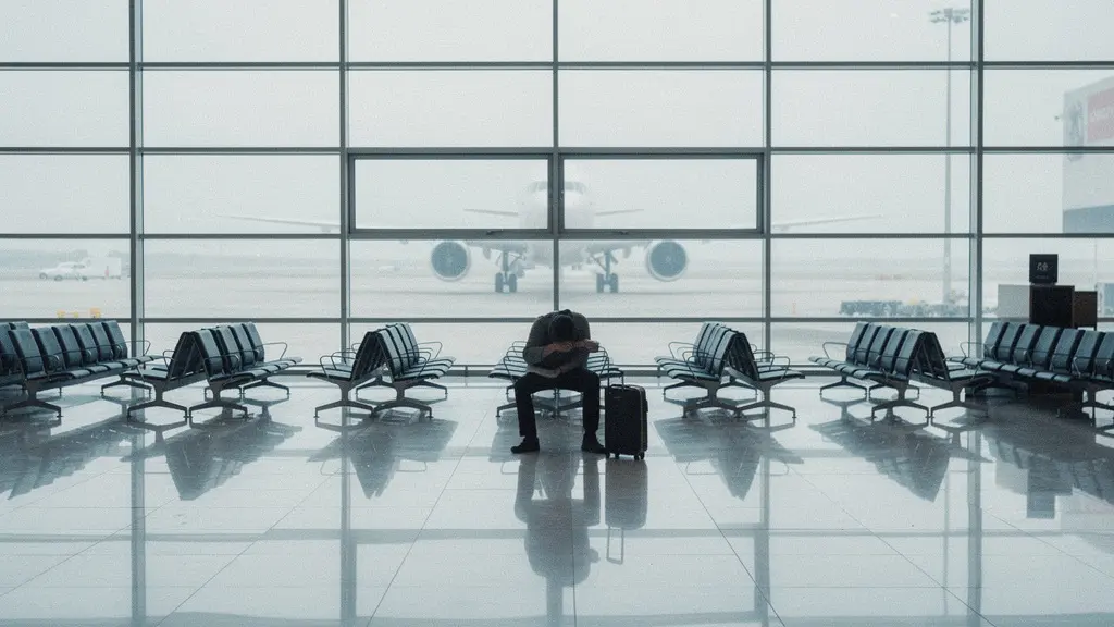 Silhouette d'un voyageur assis seul dans un terminal d'aéroport vide, penché vers l'avant, évoquant la fatigue avant un long vol