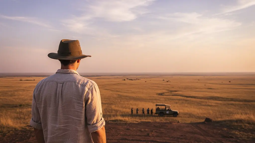 Voyageur solitaire contemplant un paysage naturel avec un groupe de touristes en arrière-plan flou, symbolisant le besoin d'espace personnel en voyage organisé